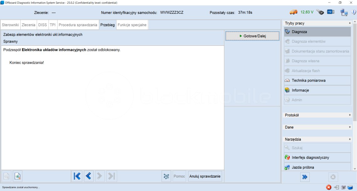 Screenshot przedstawia koniec procesu dopisania sterownika do pojazdu fabrycznym oprogramowaniem ODIS